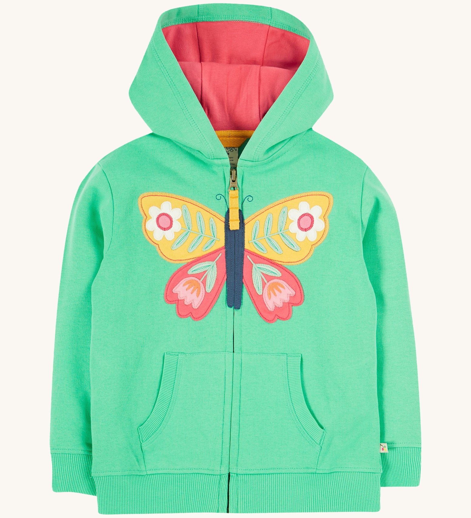 Frugi green hoodie butterfly design on a cream background