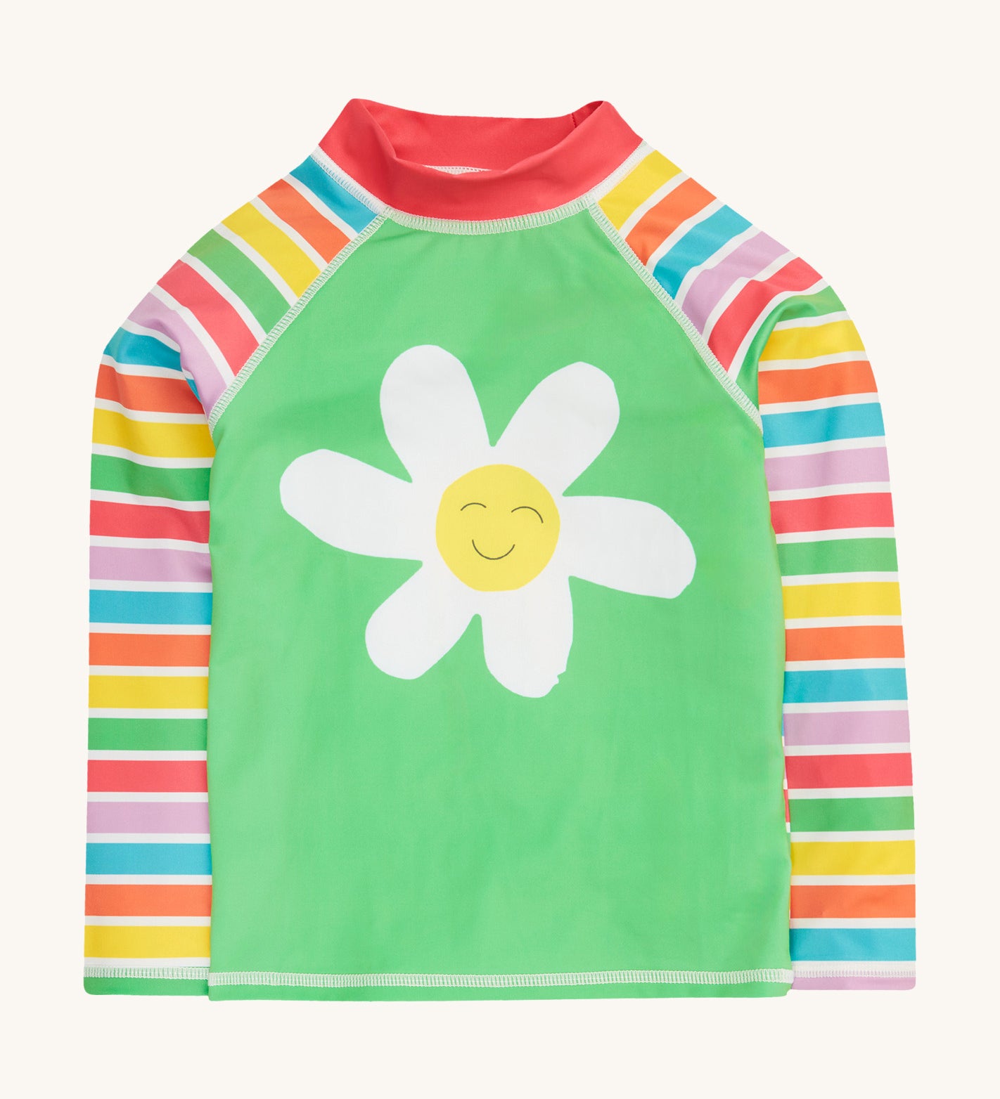 Frugi green stripe rash vest daisy design on a cream background.