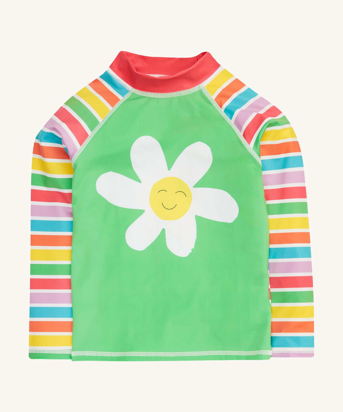 Frugi green stripe rash vest daisy design on a cream background.