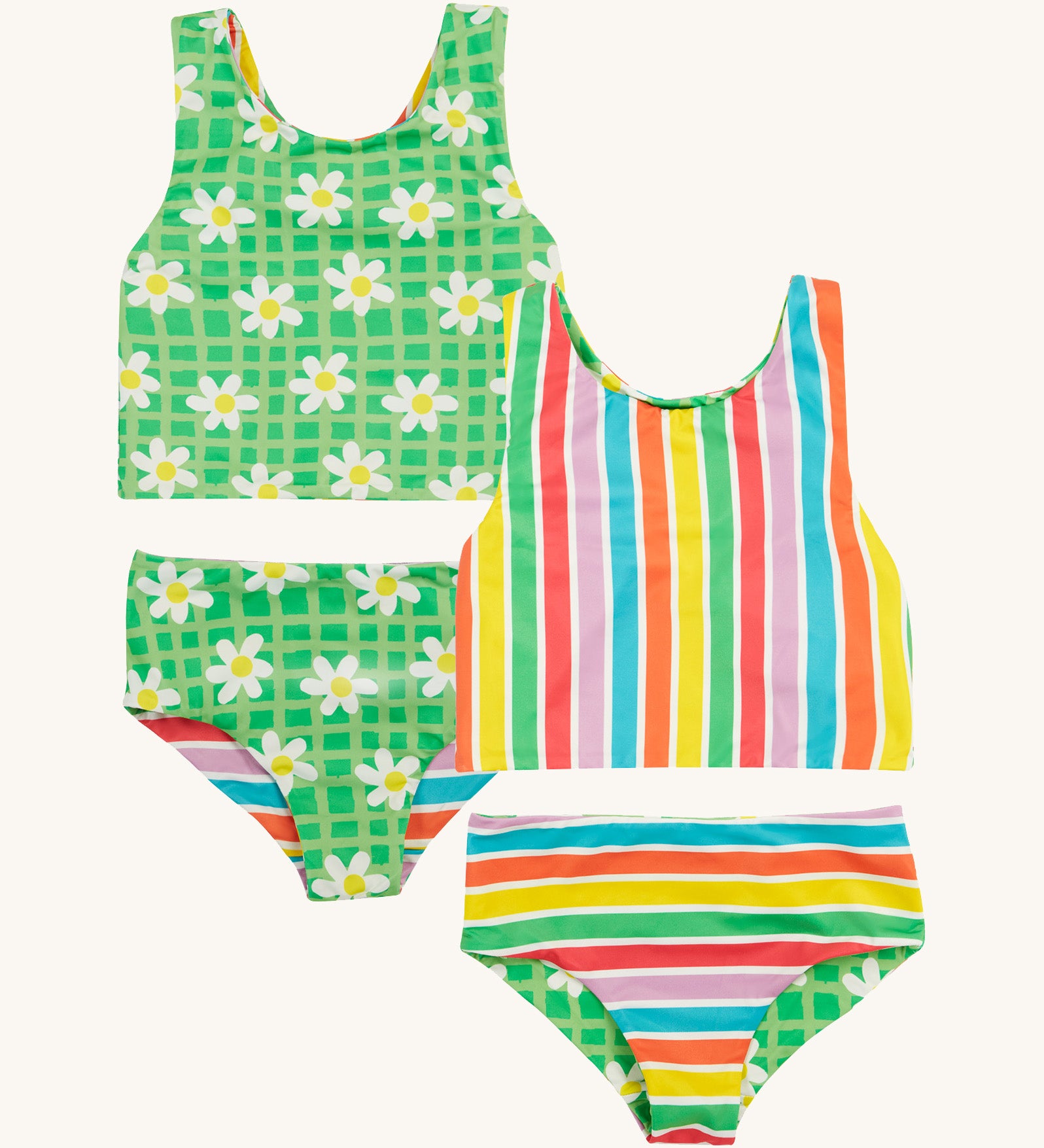 Frugi reversible tankini in a green daisy and summer stripe design on a cream background.