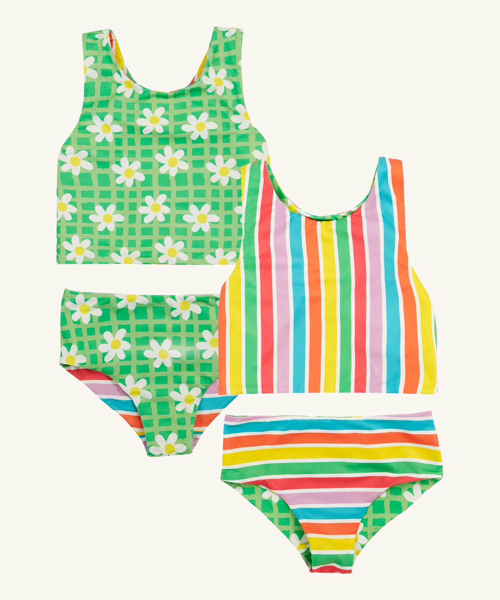 Frugi reversible tankini in a green daisy and summer stripe design on a cream background.