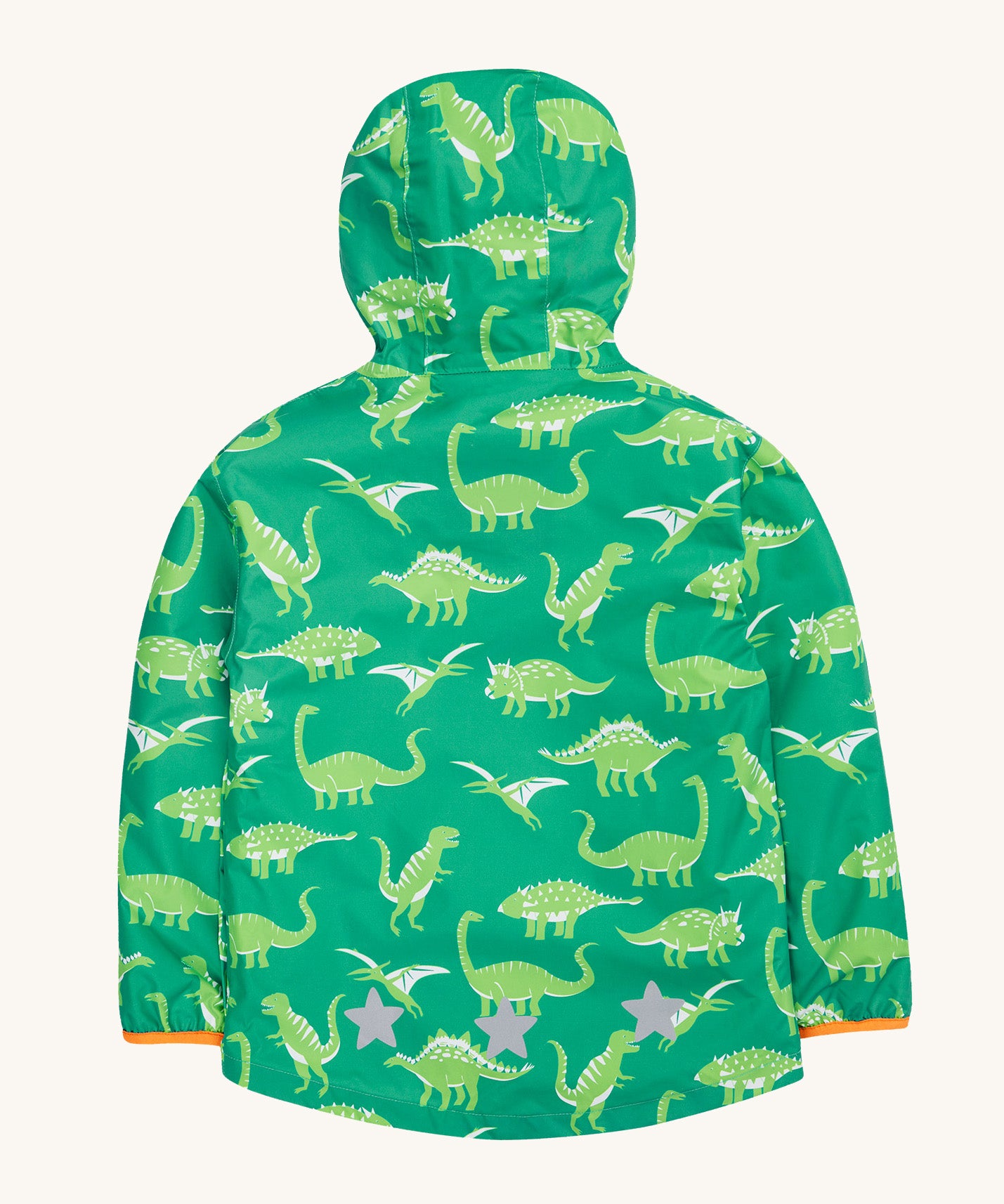 Frugi green rain jacket dino roar back detail