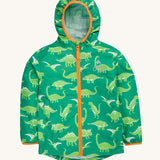 Frugi green rain jacket dino roar design on a cream background.