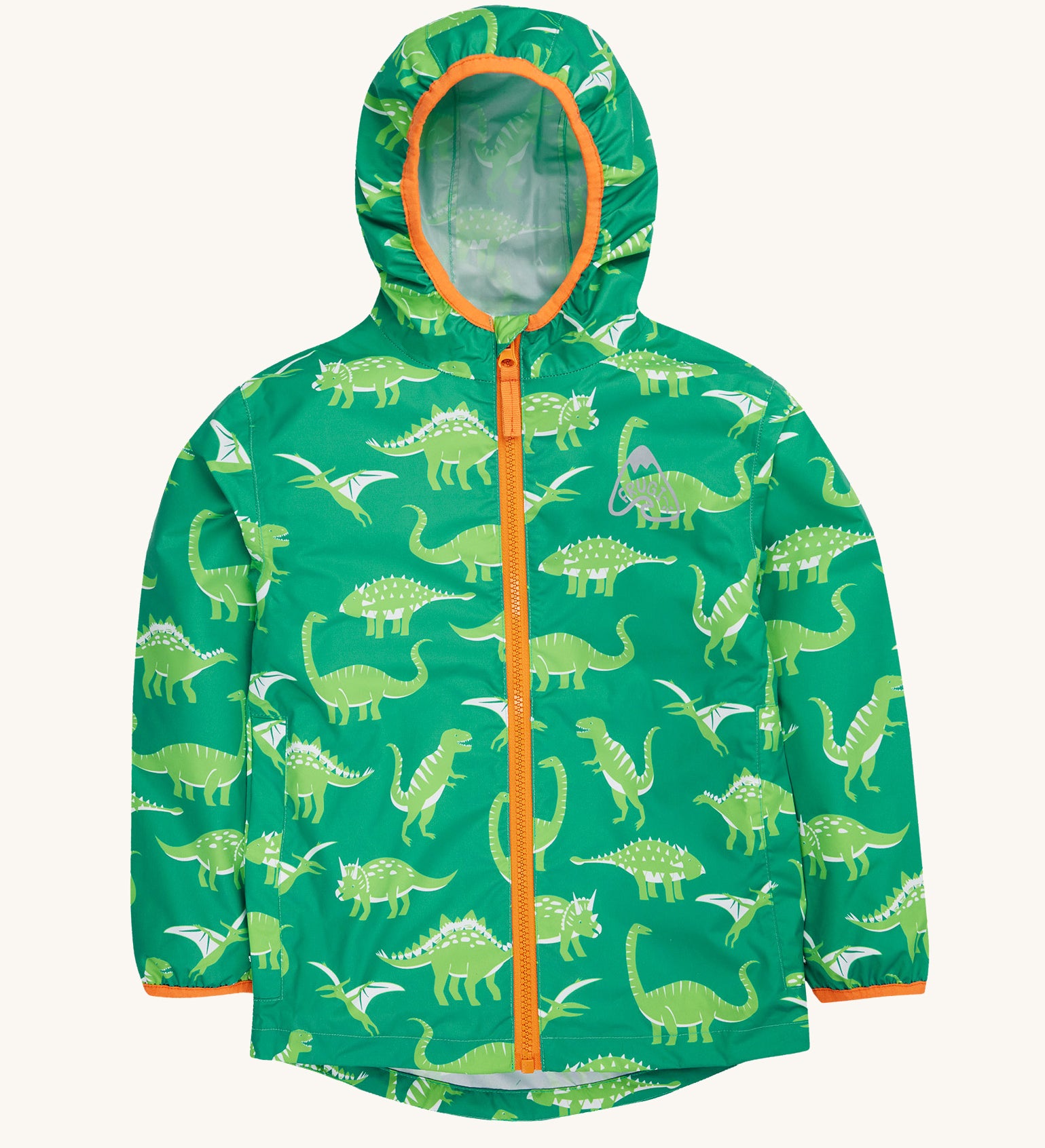 Frugi green rain jacket dino roar design on a cream background.