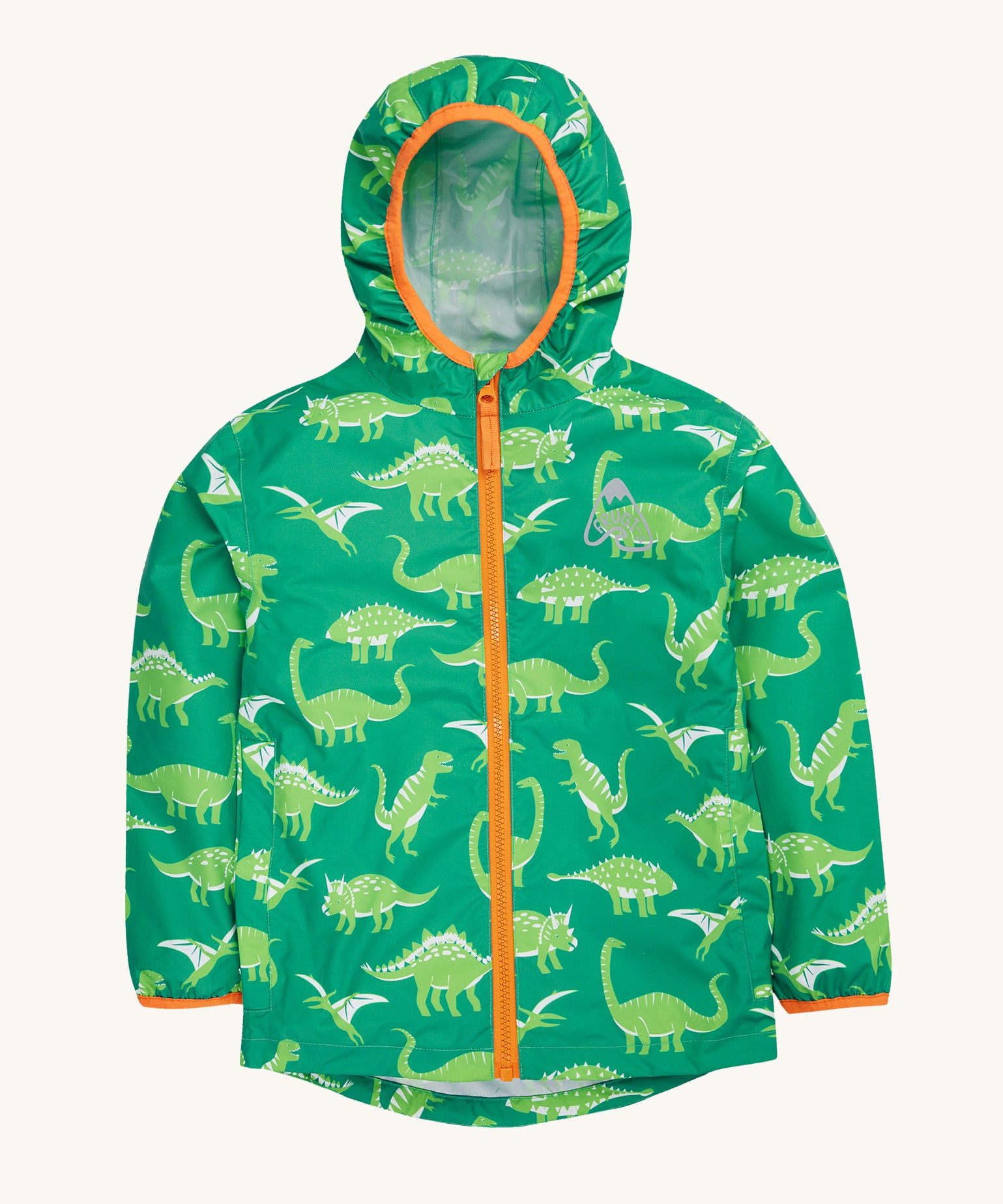 Frugi green rain jacket dino roar design on a cream background.