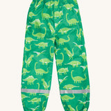 Frugi green rain and shine trousers dino roar design back detail