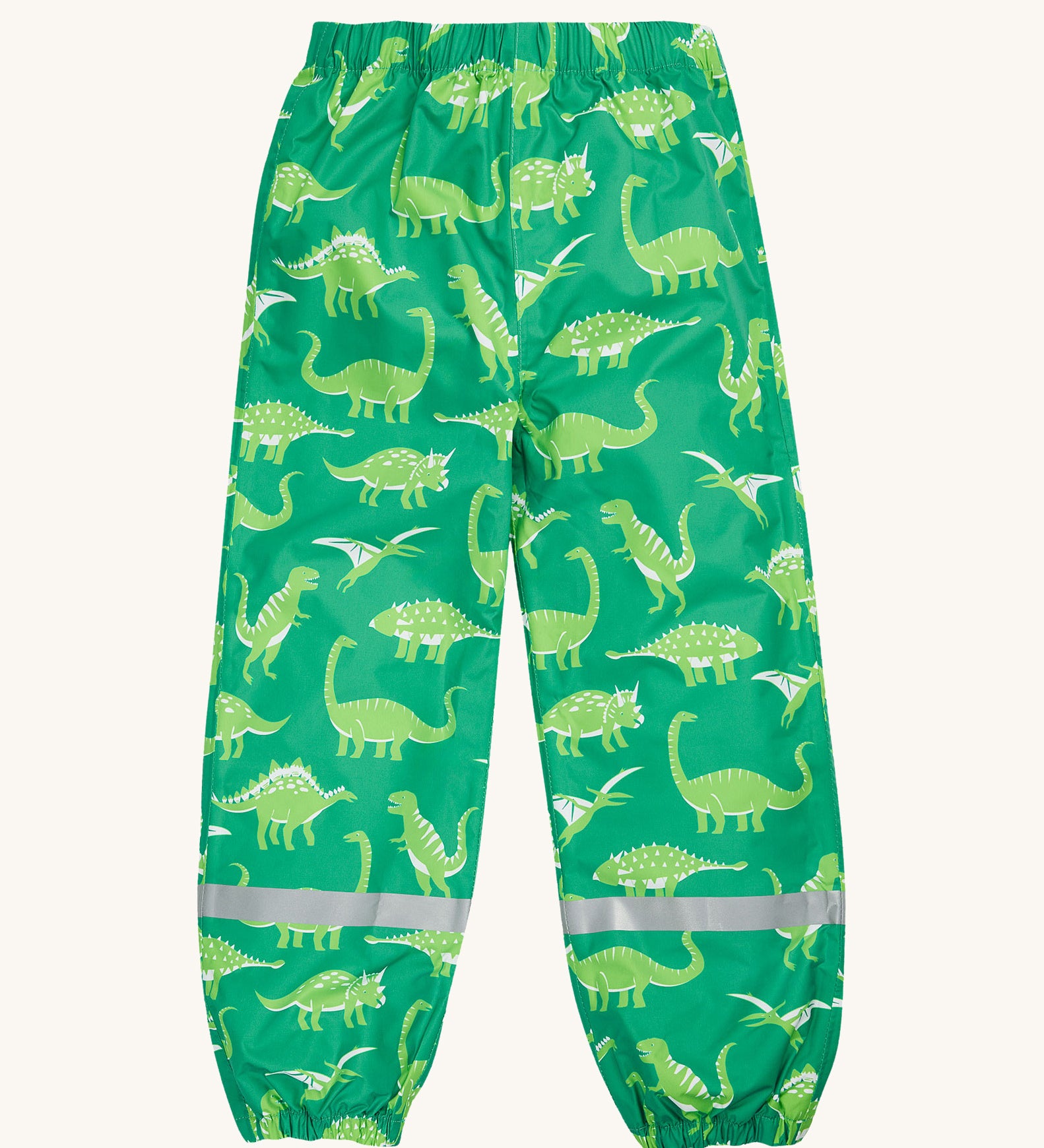 Frugi green rain and shine trousers dino roar design back detail