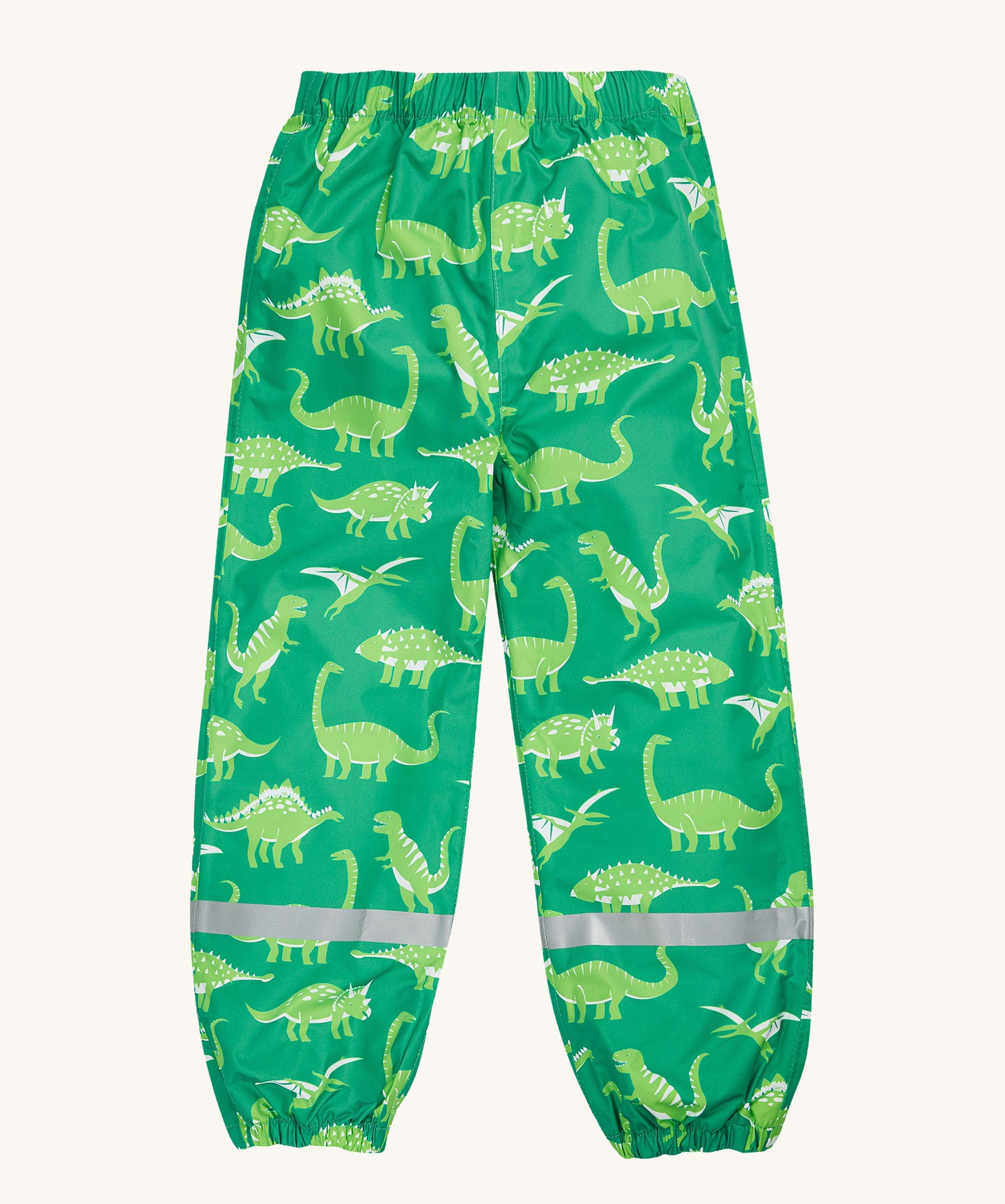 Frugi green rain and shine trousers dino roar design back detail