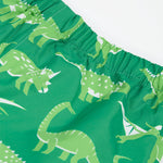 Frugi green rain and shine trousers dino roar design waist detail