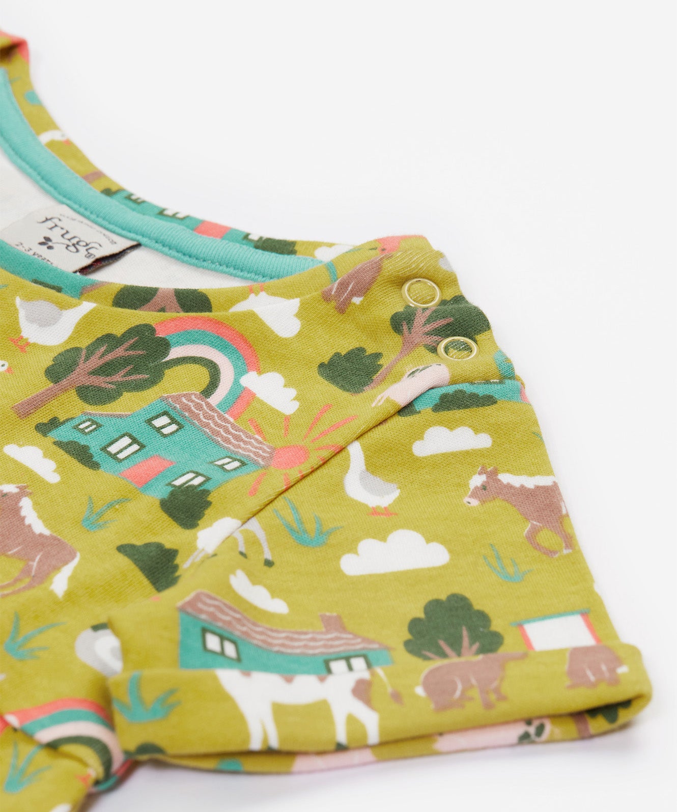 Frugi green dress farm neck and arm detail