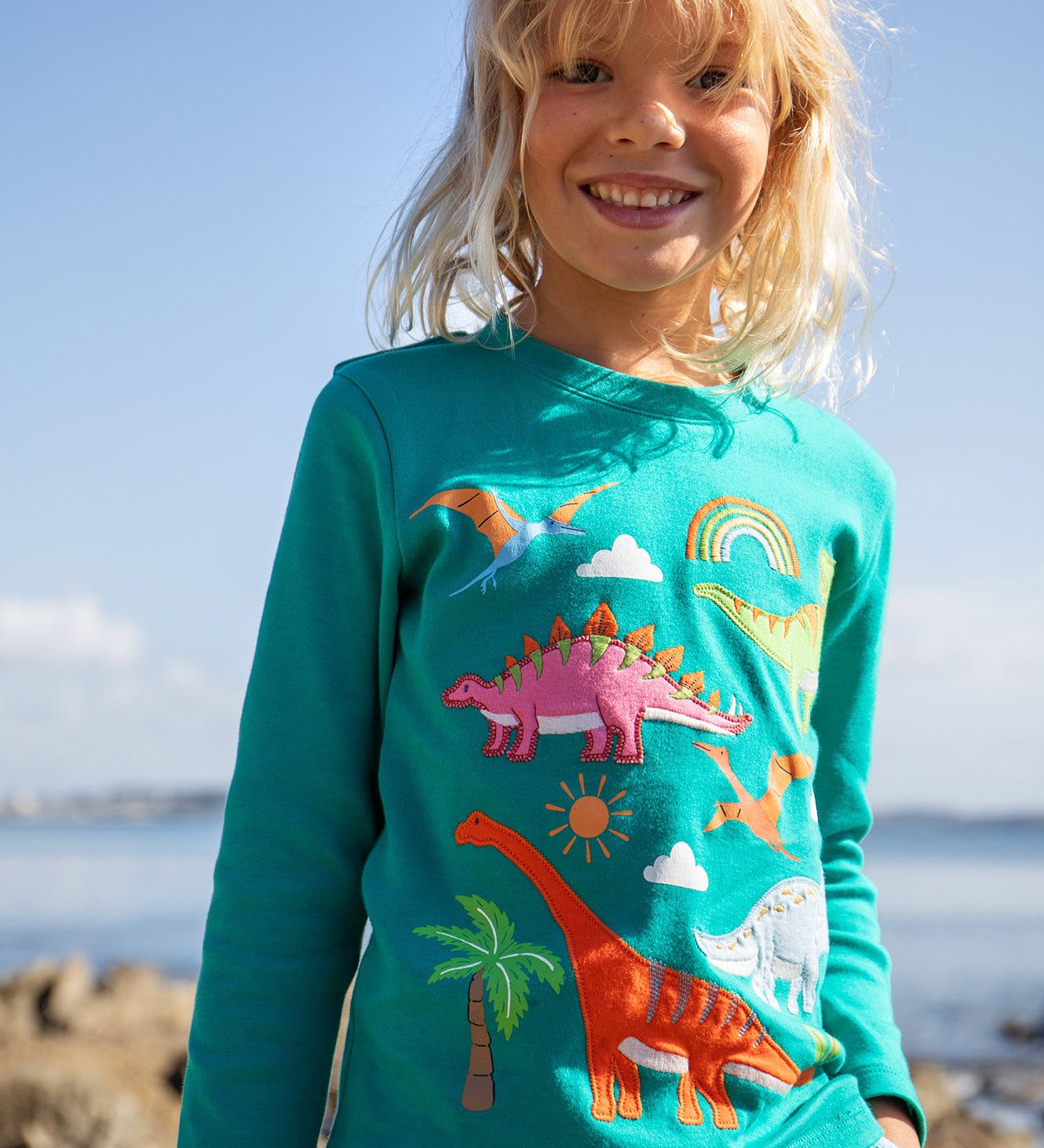 Frugi green adventure long sleeve top dinosaur design