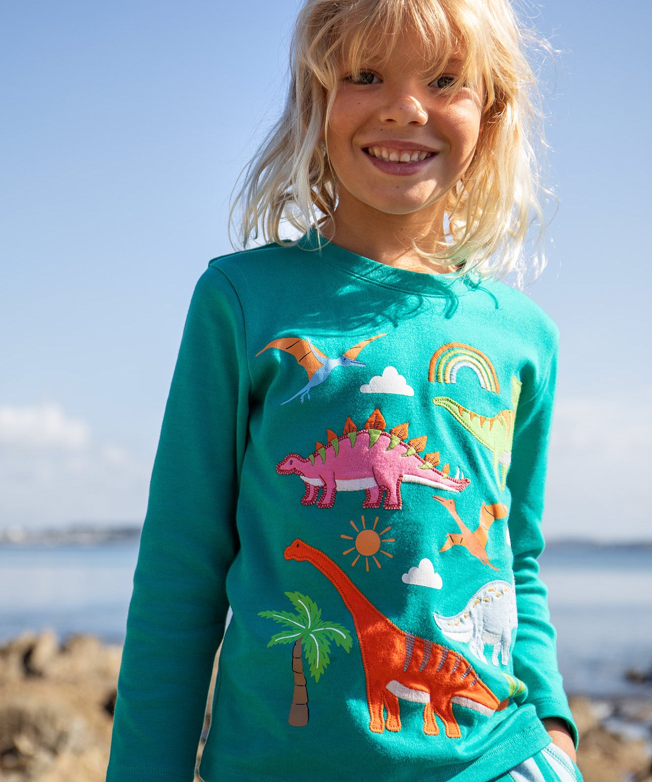 Frugi green adventure long sleeve top dinosaur design