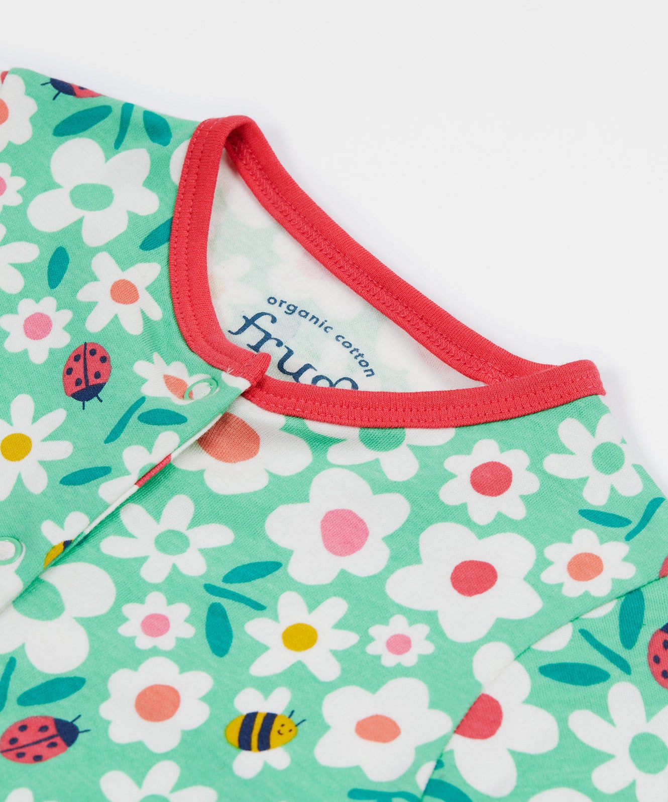 Frugi green baby grow busy bugs neck detail