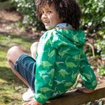 Frugi green rain jacket dino roar design