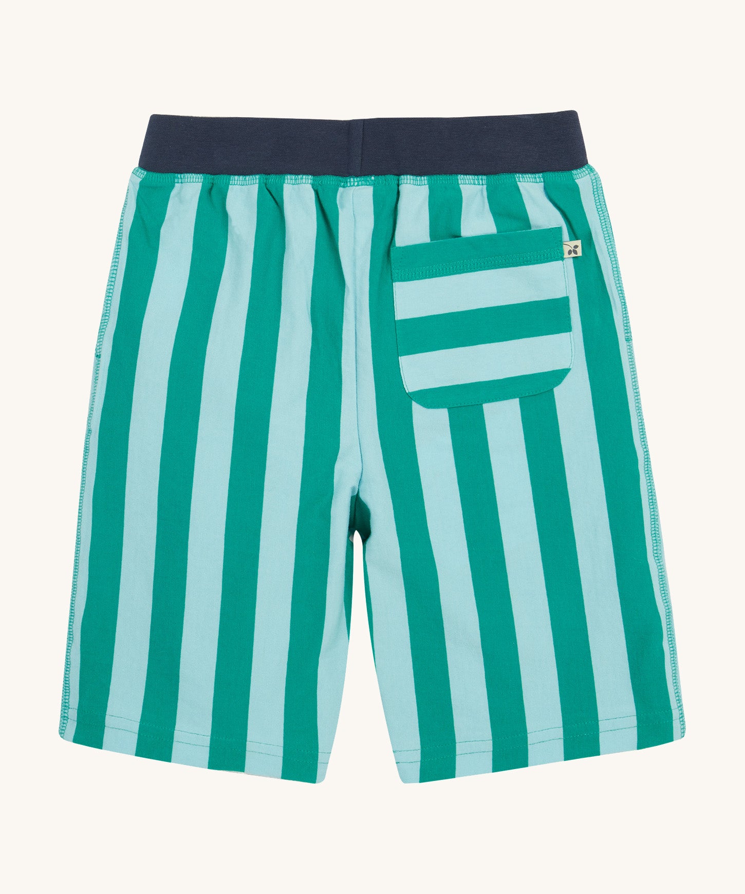 Frugi shorts in green stripes back pocket detail