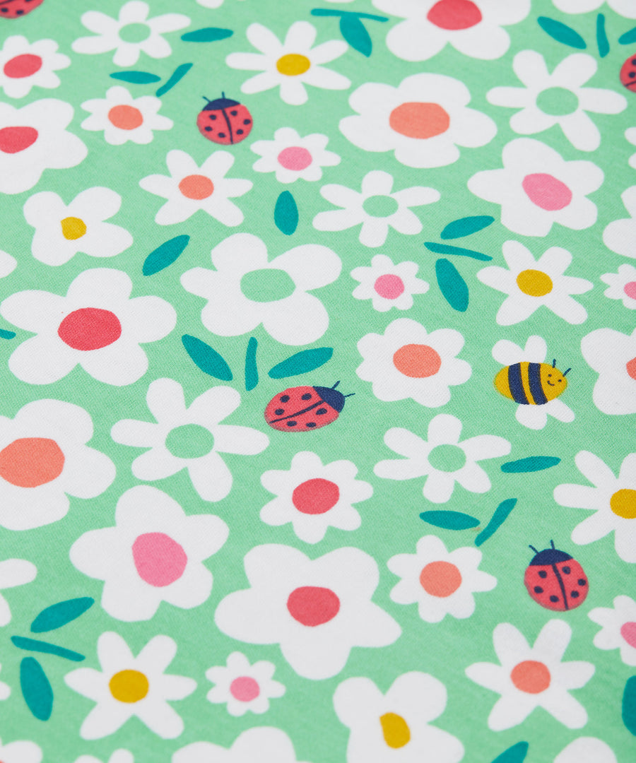 Frugi green snuggle fleece busy bugs print detail