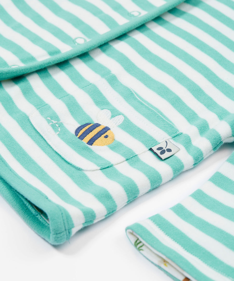 Frugi white and green stripe reversible jacket farm life pocket detail