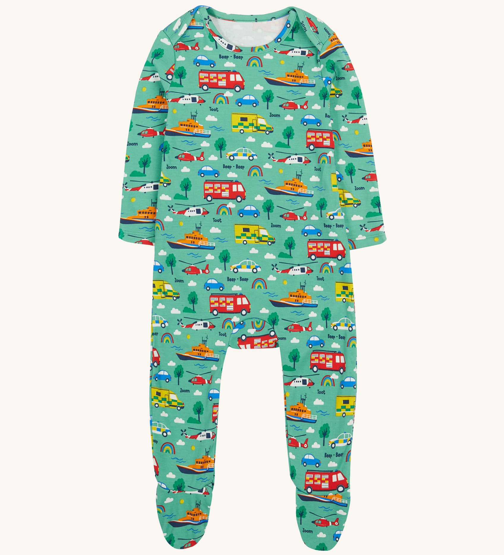 Frugi green dressing baby grow to the rescue design on a cream background.