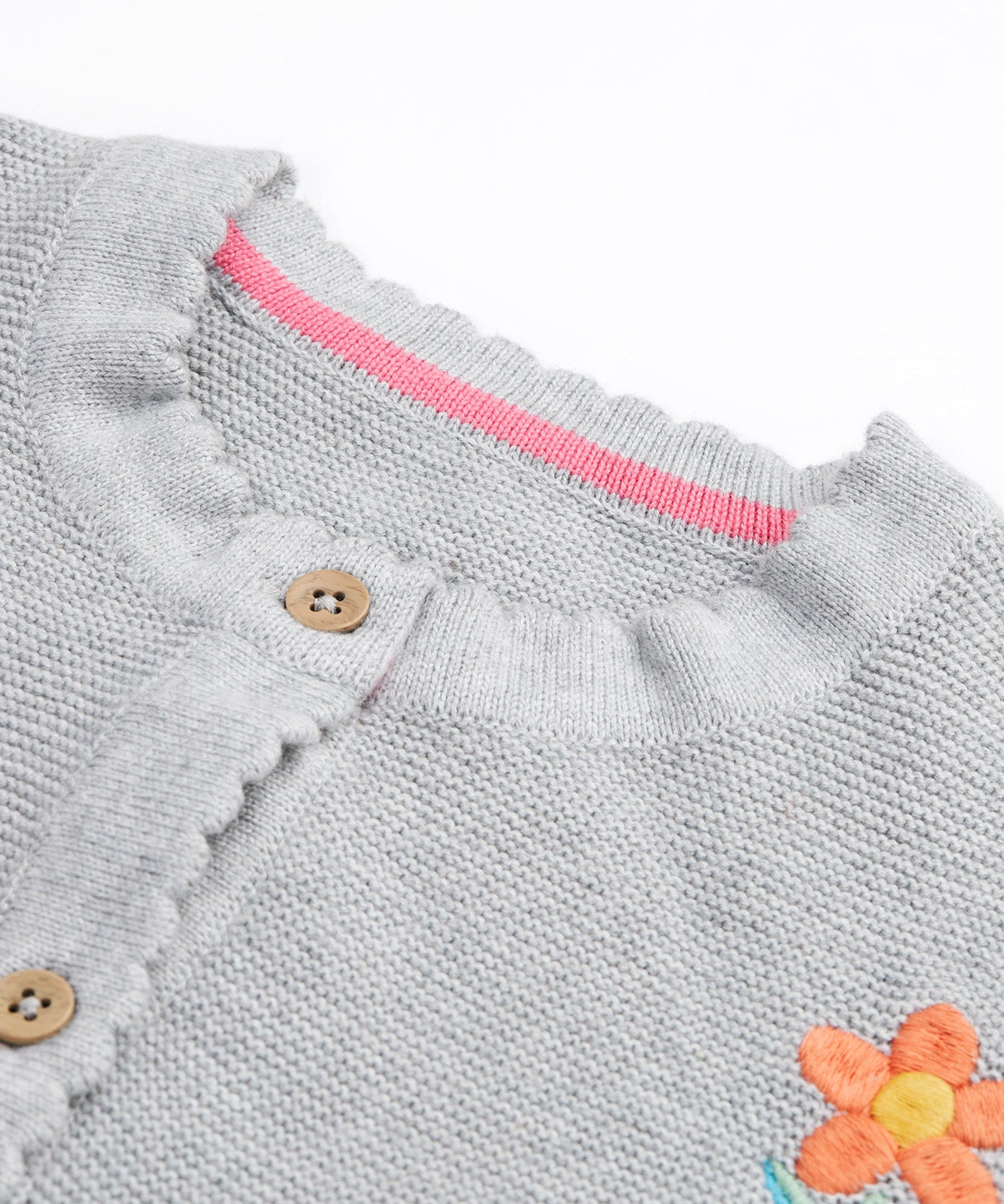 Frugi grey embroidered cardigan flowers neck detail