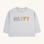 Frugi grey oversized sweater happy design on a cream background.