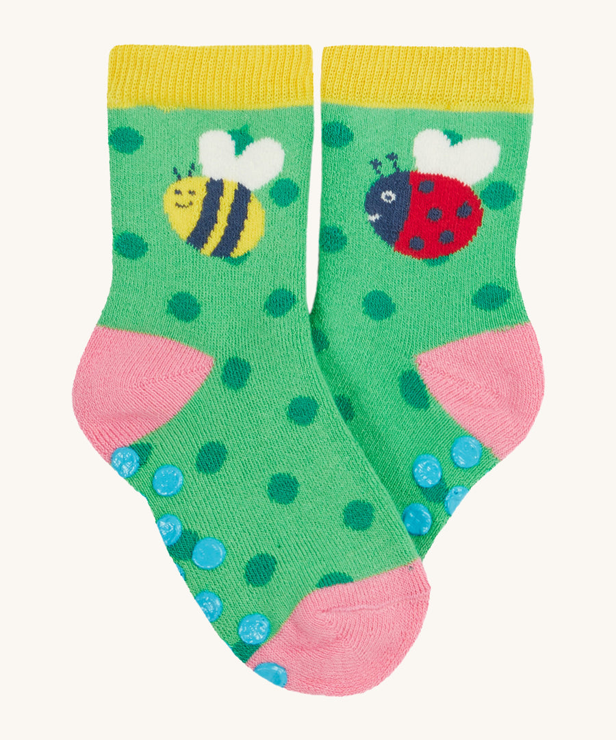 Frugi 2 pack grippy socks ladybird and bumblebee design on a cream background