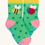 Frugi 2 pack grippy socks ladybird and bumblebee design on a cream background