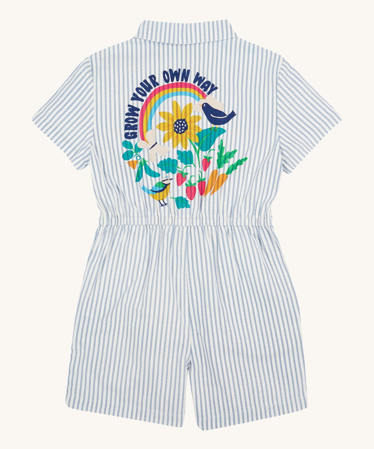 Frugi blue striped jumpsuit grow your own way design back detail