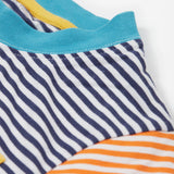 Close up of theFrugi kids hopscotch stripe pocket t-shirt showing the light blue neck trim on striped organic cotton fabric