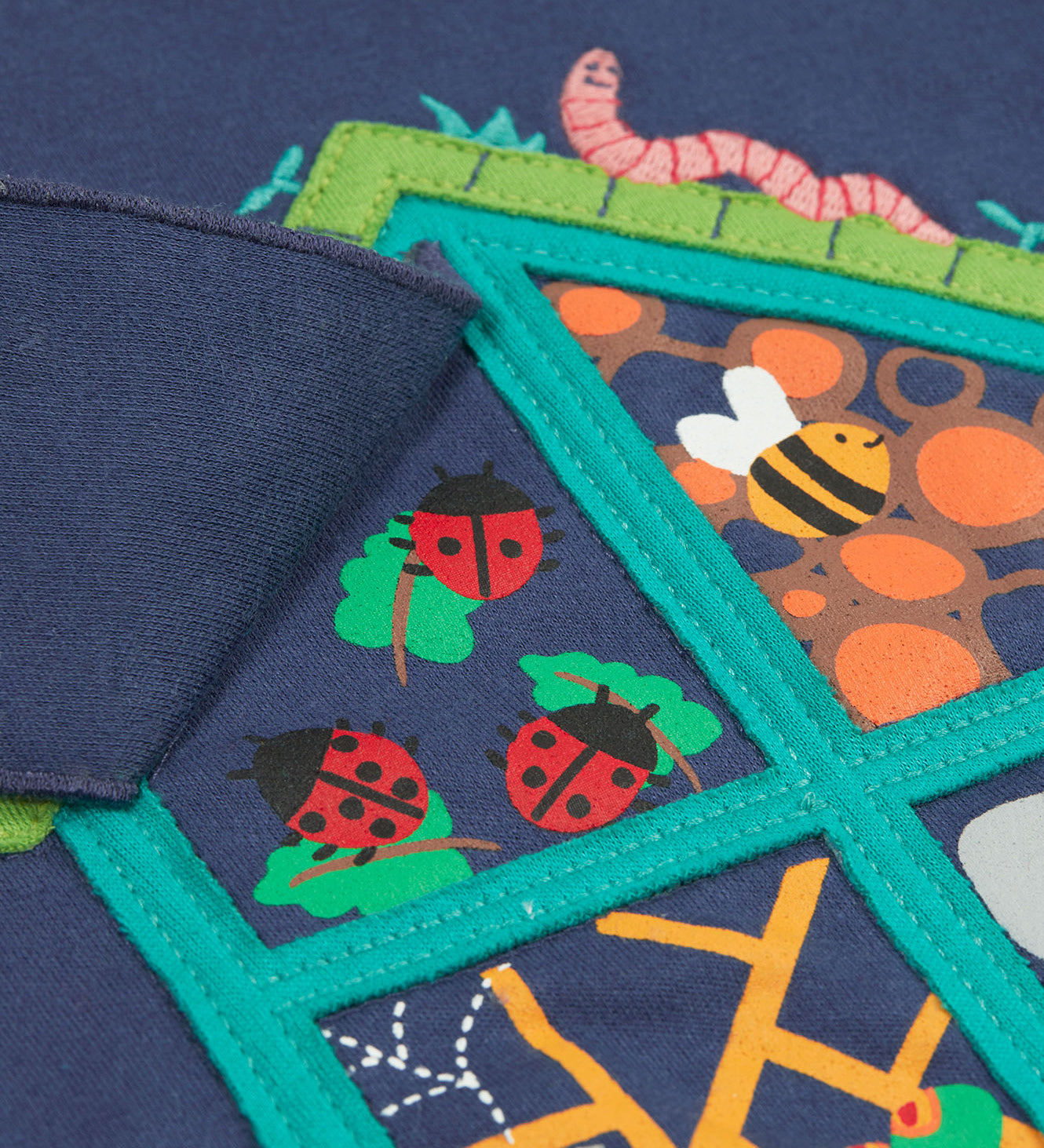 Frugi kids navy interactive short sleeve t-shirt bug hotel design front window detail