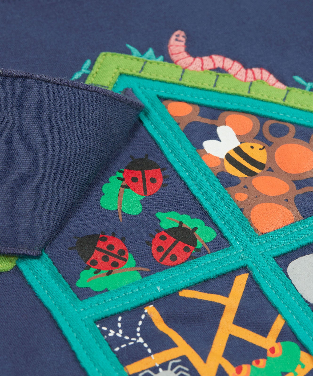 Frugi kids navy interactive short sleeve t-shirt bug hotel design front window detail