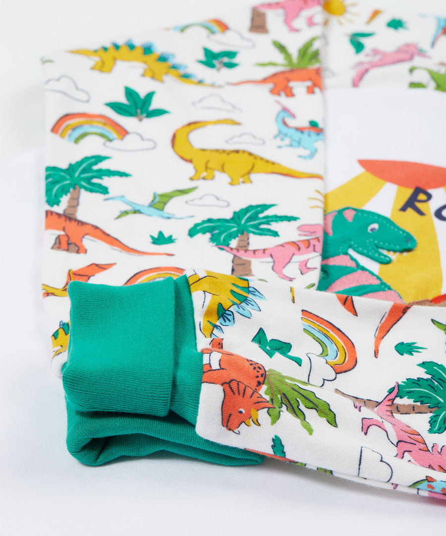 Frugi white pyjama set dinoland design cuff detail