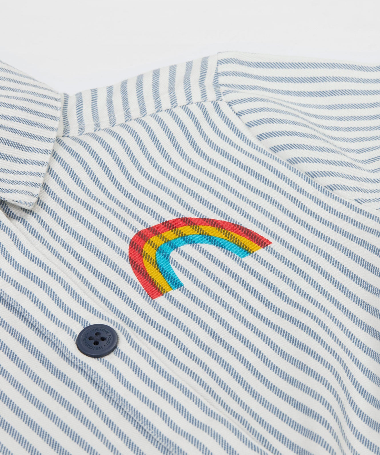 Frugi blue striped jumpsuit grow your own way design front rainbow detail