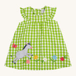 Frugi little kids green gingham, donkey myrtle body dress - GOTS organic cotton baby dress with green and white gingham, sleeveless with a gentle frill and popper fasteners on the back for easy fitting. Features a grey donkey appliqué with and appliqué of different coloured flowers 