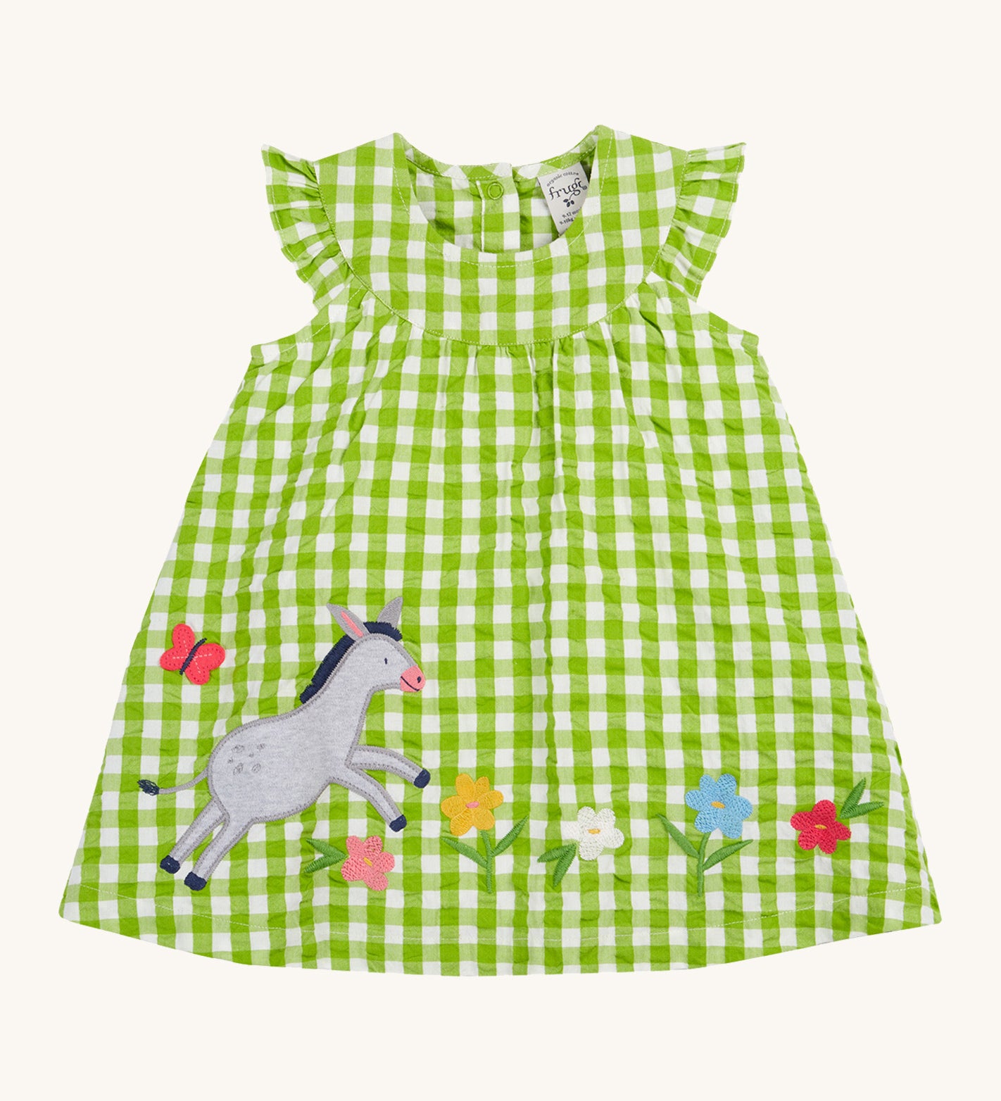 Frugi little kids green gingham, donkey myrtle body dress - GOTS organic cotton baby dress with green and white gingham, sleeveless with a gentle frill and popper fasteners on the back for easy fitting. Features a grey donkey appliqué with and appliqué of different coloured flowers 