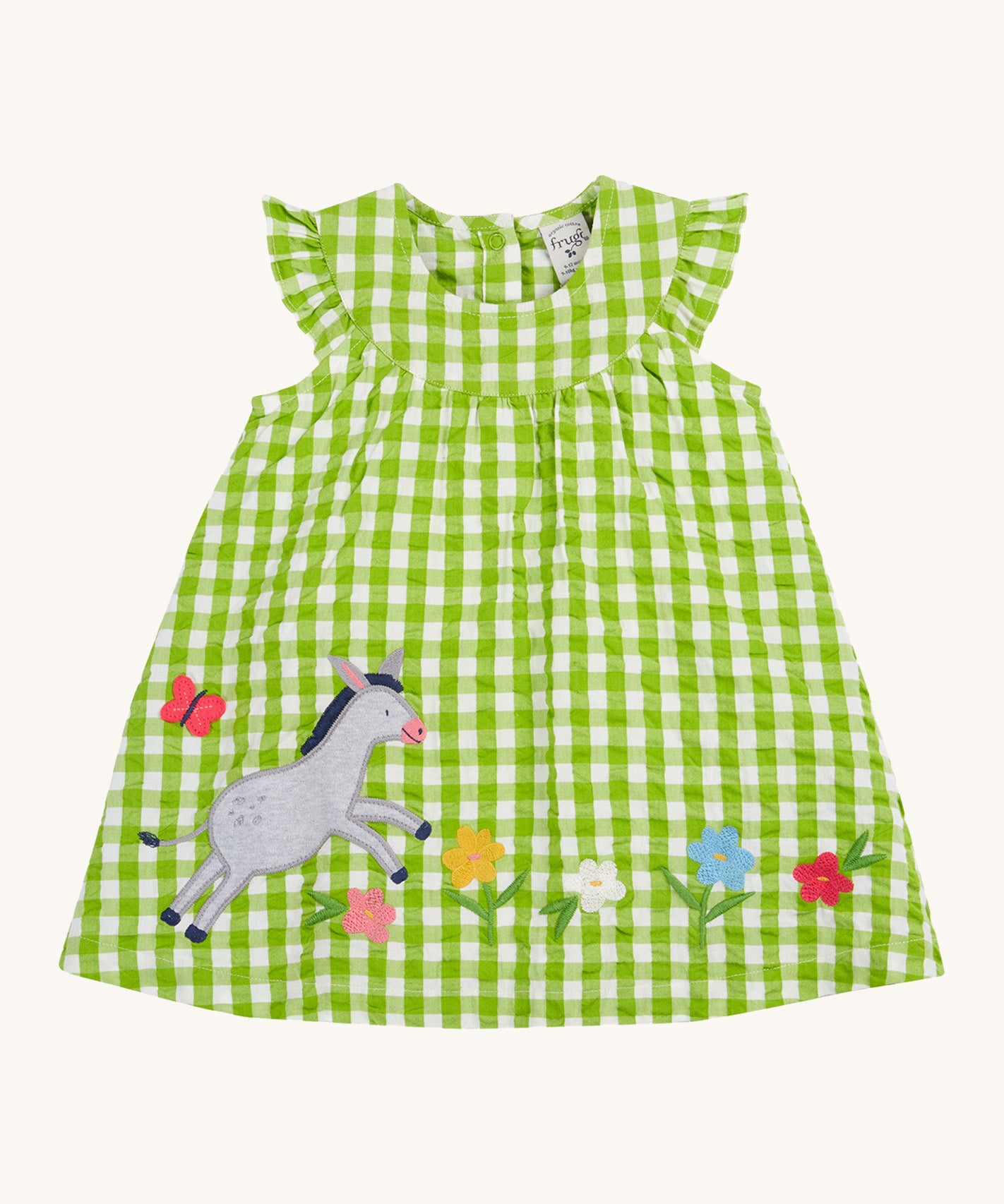 Frugi little kids green gingham, donkey myrtle body dress - GOTS organic cotton baby dress with green and white gingham, sleeveless with a gentle frill and popper fasteners on the back for easy fitting. Features a grey donkey appliqué with and appliqué of different coloured flowers 