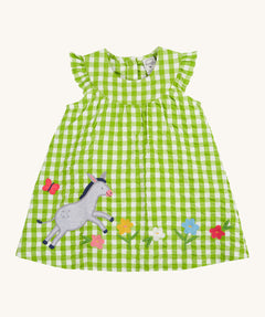 Frugi little kids green gingham, donkey myrtle body dress - GOTS organic cotton baby dress with green and white gingham, sleeveless with a gentle frill and popper fasteners on the back for easy fitting. Features a grey donkey appliqué with and appliqué of different coloured flowers 