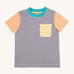 Frugi kids hopscotch stripe pocket t-shirt - GOTS organic cotton kids t-shirt with short sleeve in blue, orange and yellow stripe design. Features a front pocket and light blue neck trim