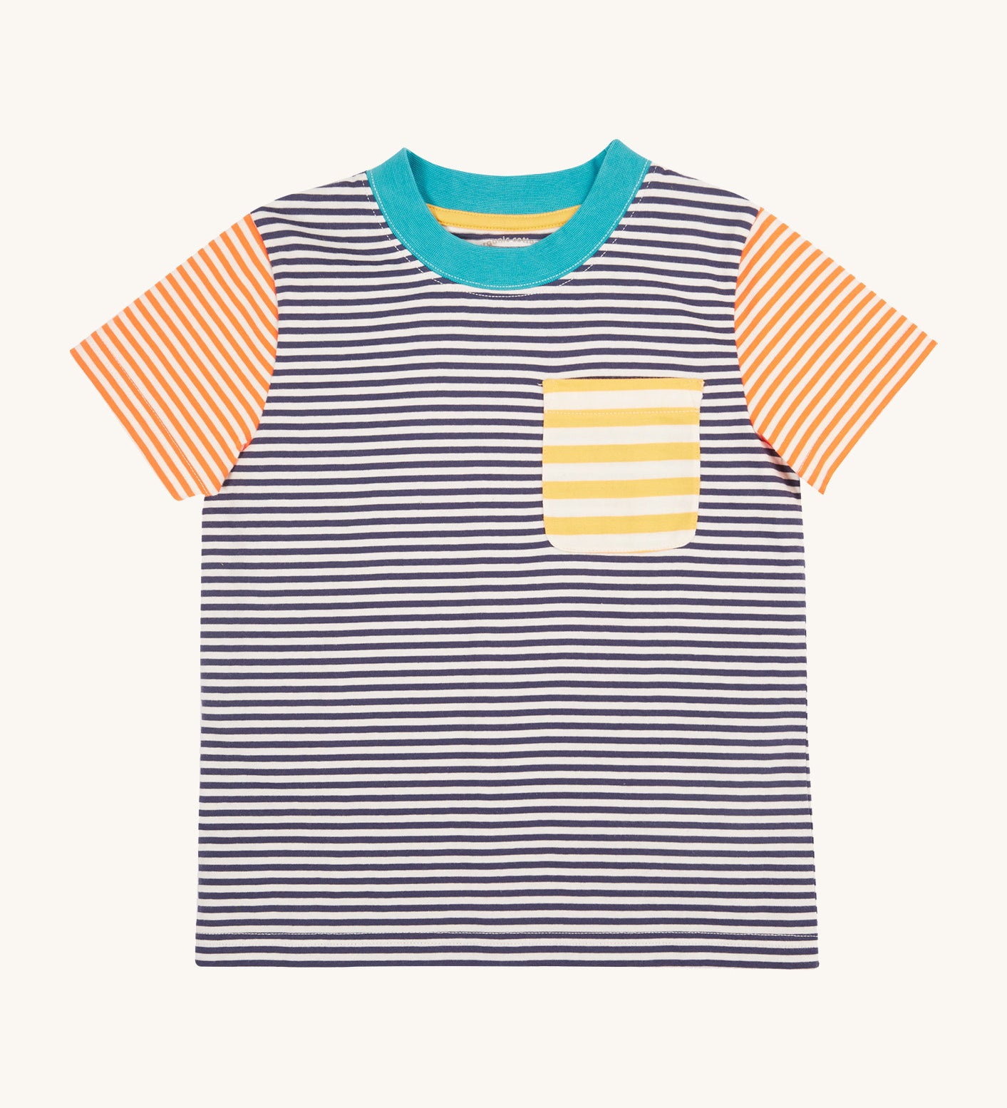 Frugi kids hopscotch stripe pocket t-shirt - GOTS organic cotton kids t-shirt with short sleeve in blue, orange and yellow stripe design. Features a front pocket and light blue neck trim