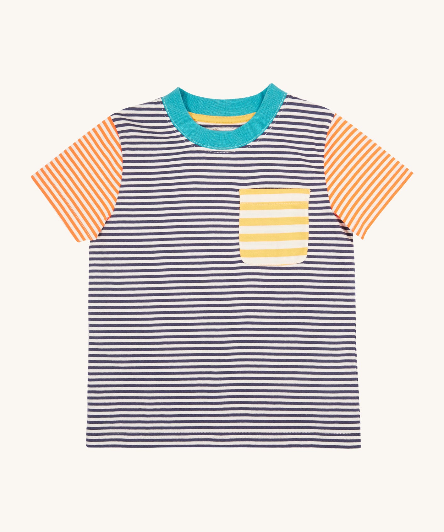 Frugi kids hopscotch stripe pocket t-shirt - GOTS organic cotton kids t-shirt with short sleeve in blue, orange and yellow stripe design. Features a front pocket and light blue neck trim