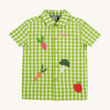 Frugi kids Reggie shirt macaw gingham greengrocer - GOTS organic cotton kids shirt with short sleeves in green gingham. Features embroidery of different vegetables and a worm on the front pocket 