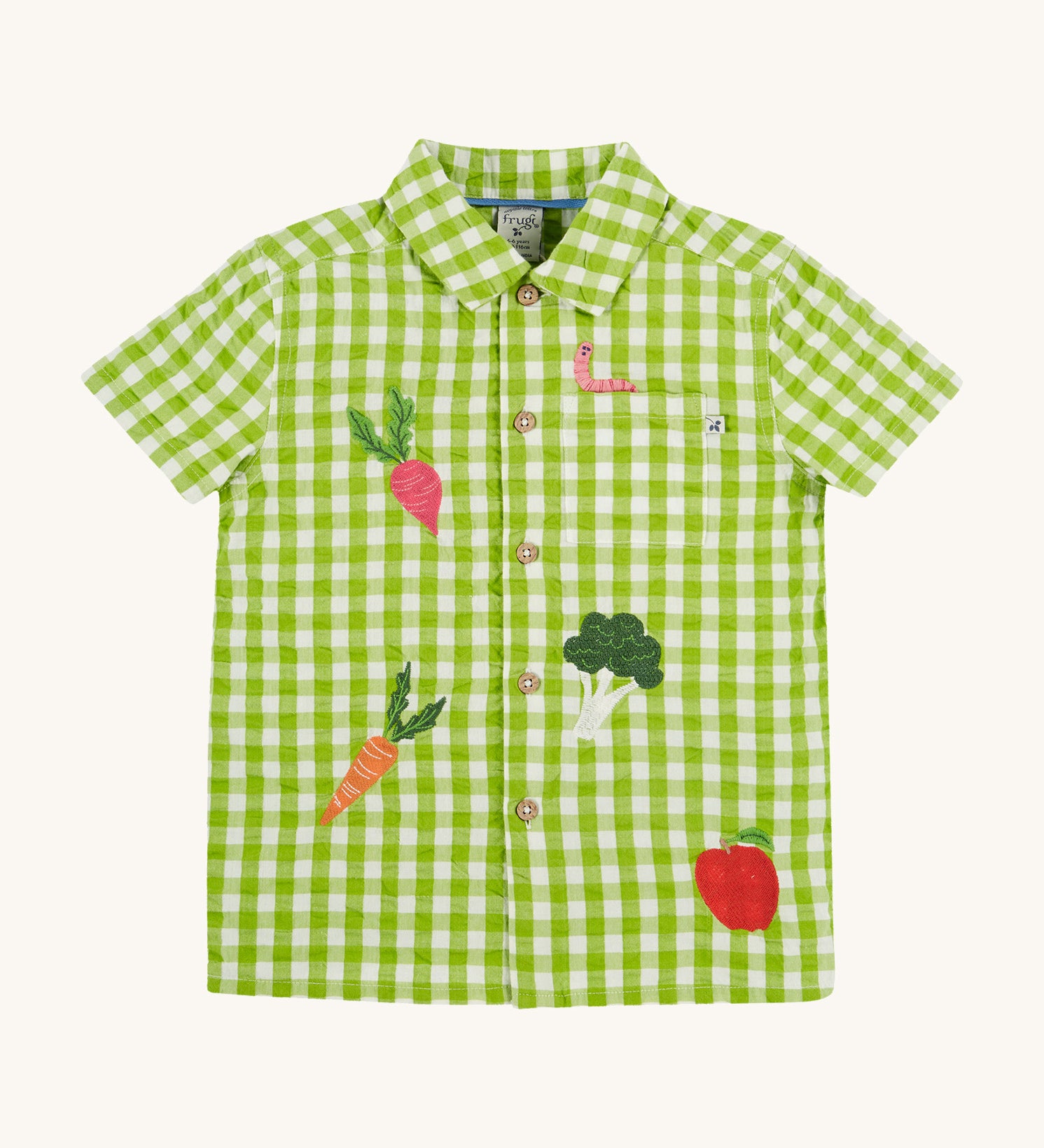 Frugi kids Reggie shirt macaw gingham greengrocer - GOTS organic cotton kids shirt with short sleeves in green gingham. Features embroidery of different vegetables and a worm on the front pocket 