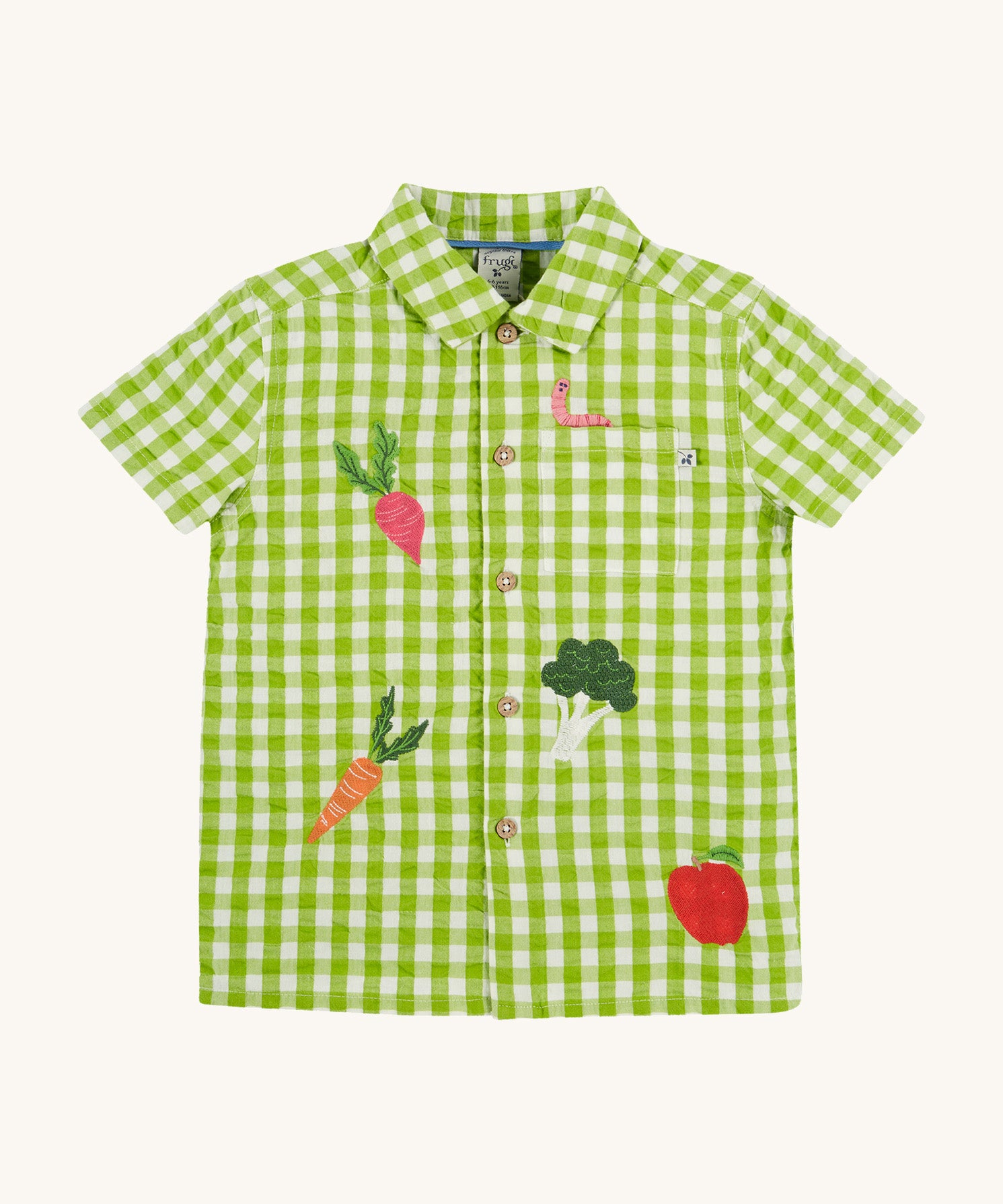 Frugi kids Reggie shirt macaw gingham greengrocer - GOTS organic cotton kids shirt with short sleeves in green gingham. Features embroidery of different vegetables and a worm on the front pocket 