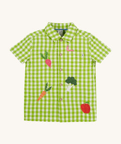 Frugi kids Reggie shirt macaw gingham greengrocer - GOTS organic cotton kids shirt with short sleeves in green gingham. Features embroidery of different vegetables and a worm on the front pocket 