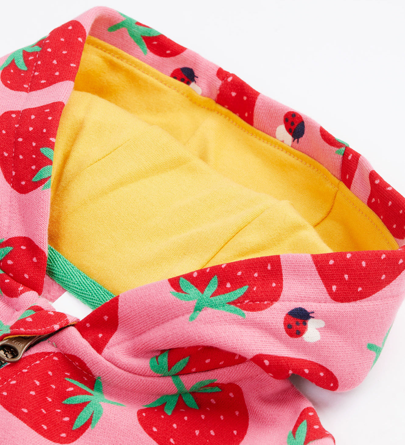 Frugi kids snuggle suit in strawberry design hood detail