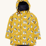 Frugi kids puddle buster jacket yellow with a puffin design on a cream background.