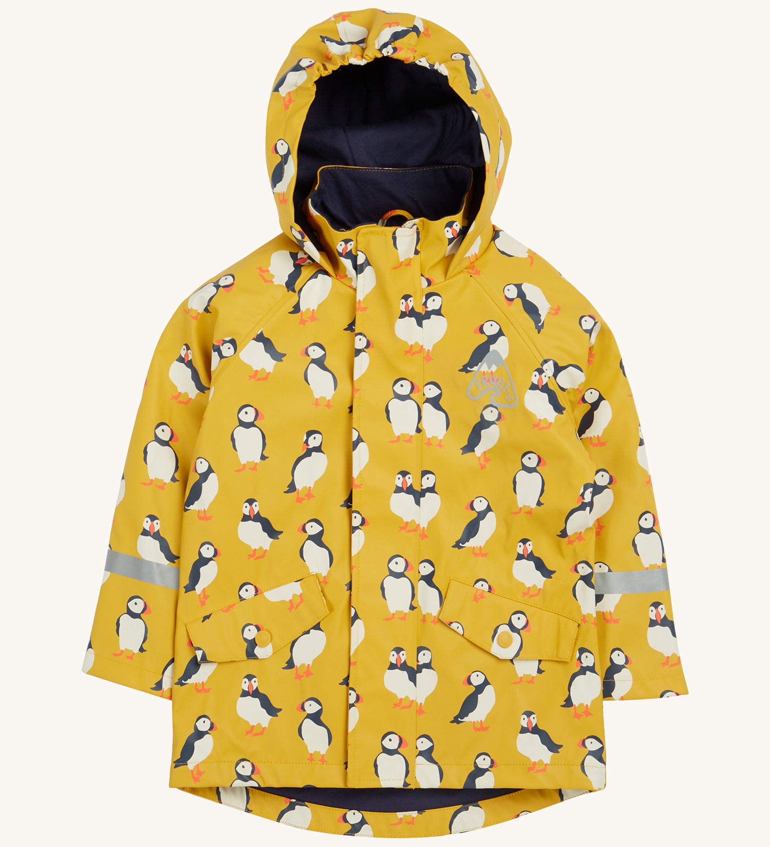 Frugi kids puddle buster jacket yellow with a puffin design on a cream background.