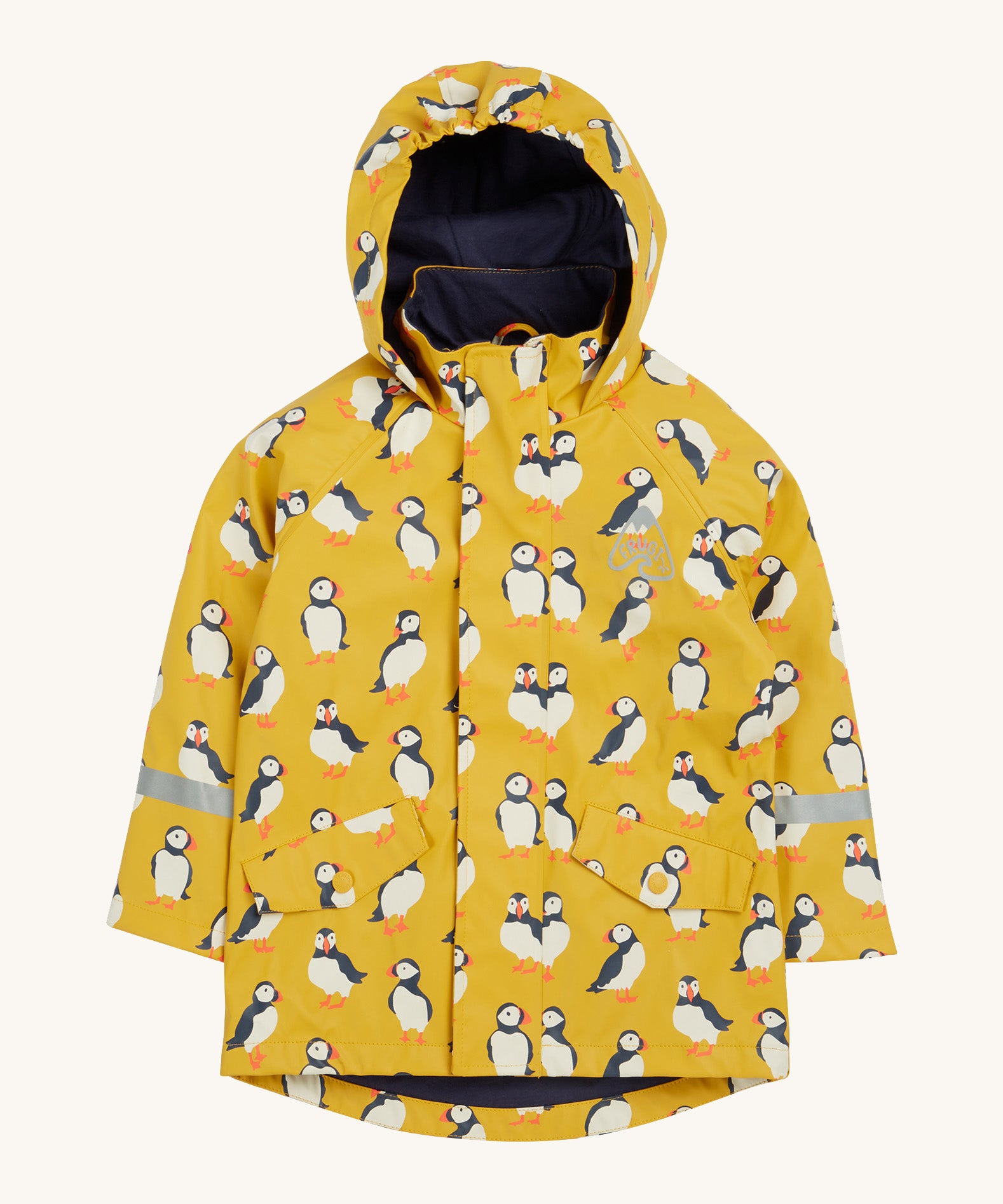 Frugi kids puddle buster jacket yellow with a puffin design on a cream background.