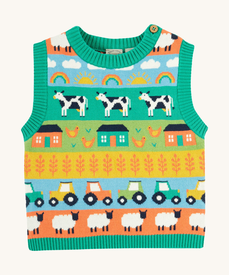 Frugi multicoloured stripe knitted tank top farm life design on a cream background.