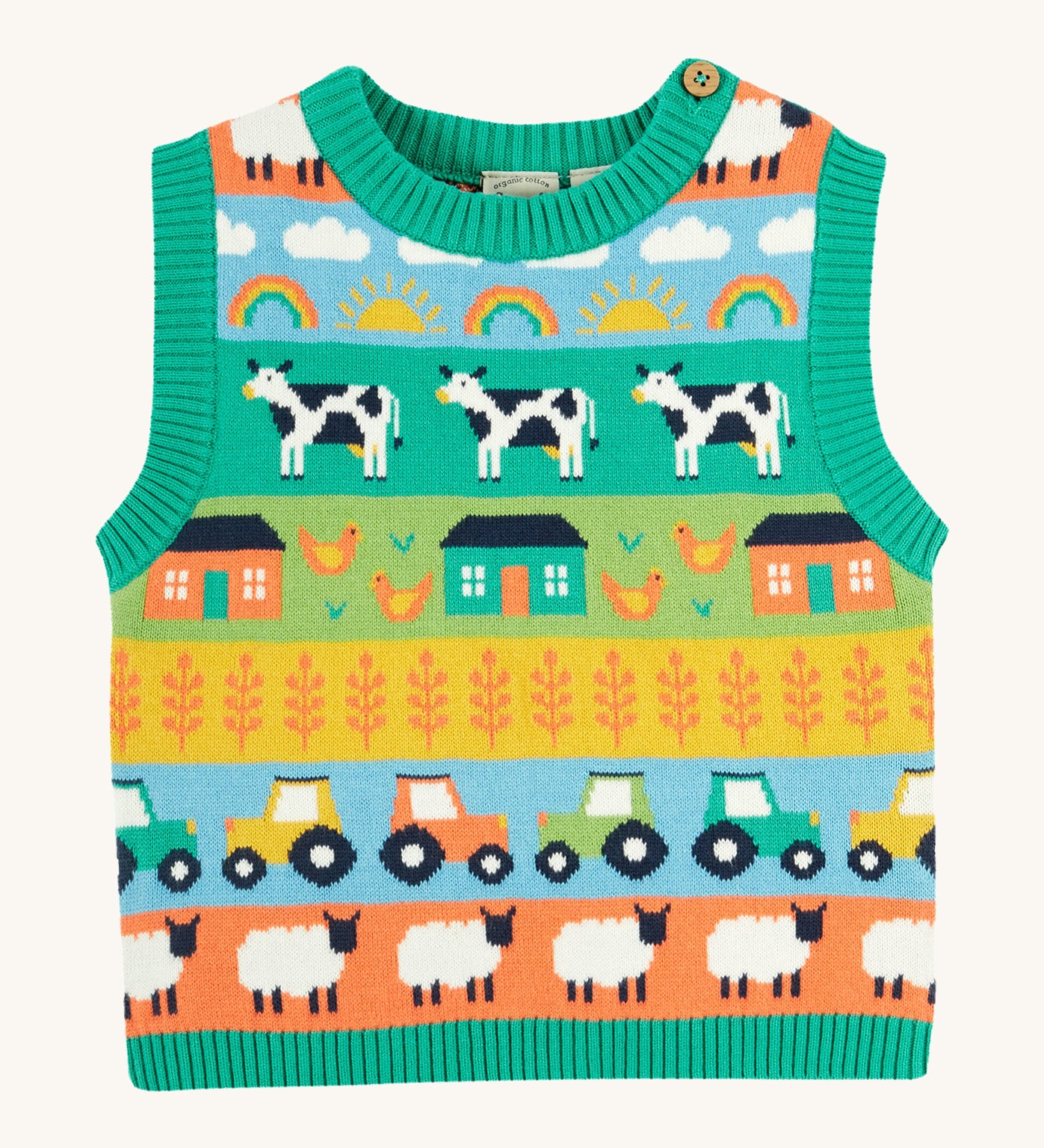 Frugi multicoloured stripe knitted tank top farm life design on a cream background.