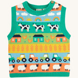 Frugi multicoloured stripe knitted tank top farm life design on a cream background.